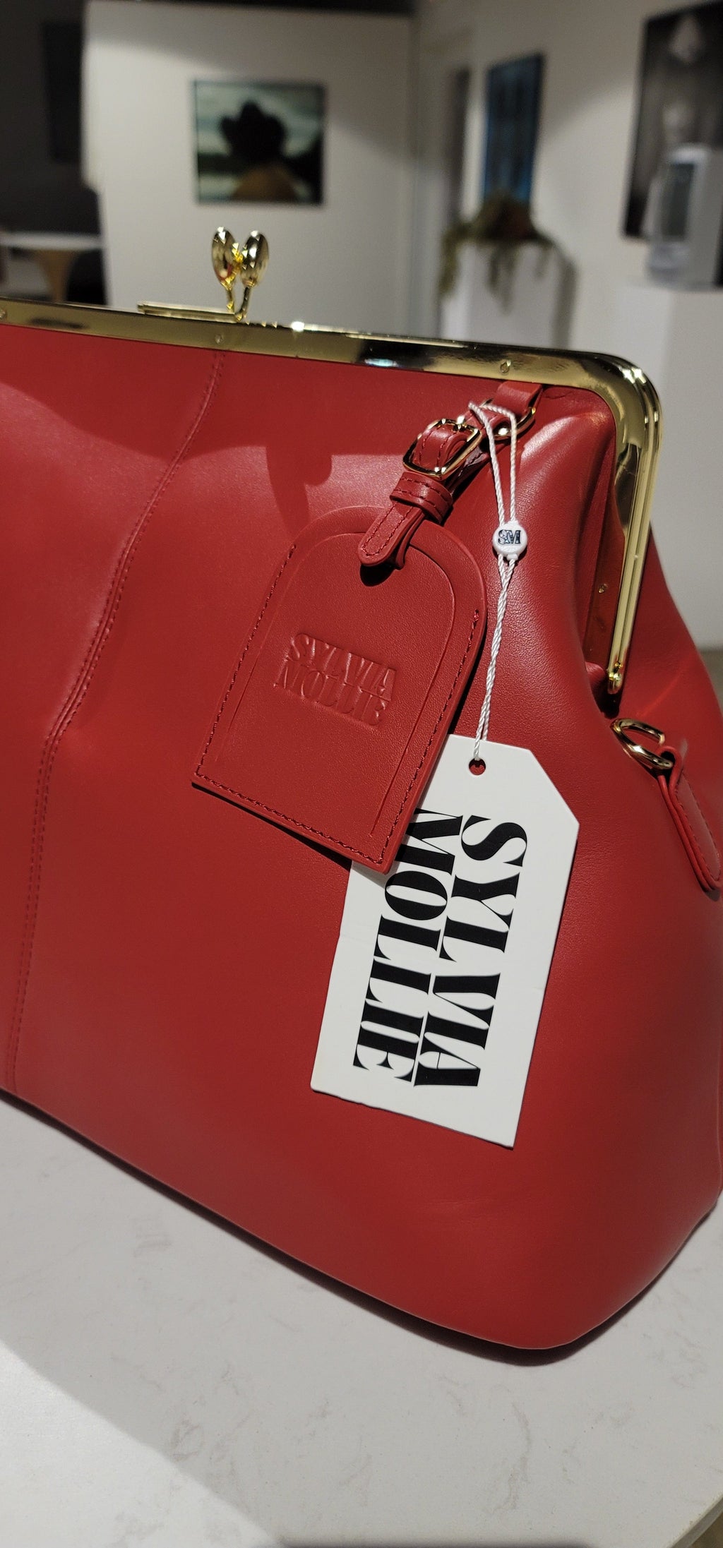 Red leather Fannie Bag showing the kiss-lock frame