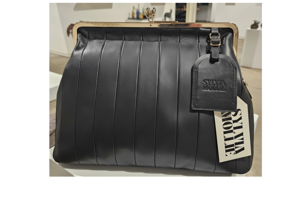 The Fannie Bag in black leather with two-inch vertical panels and a gold-tone kiss-lock frame