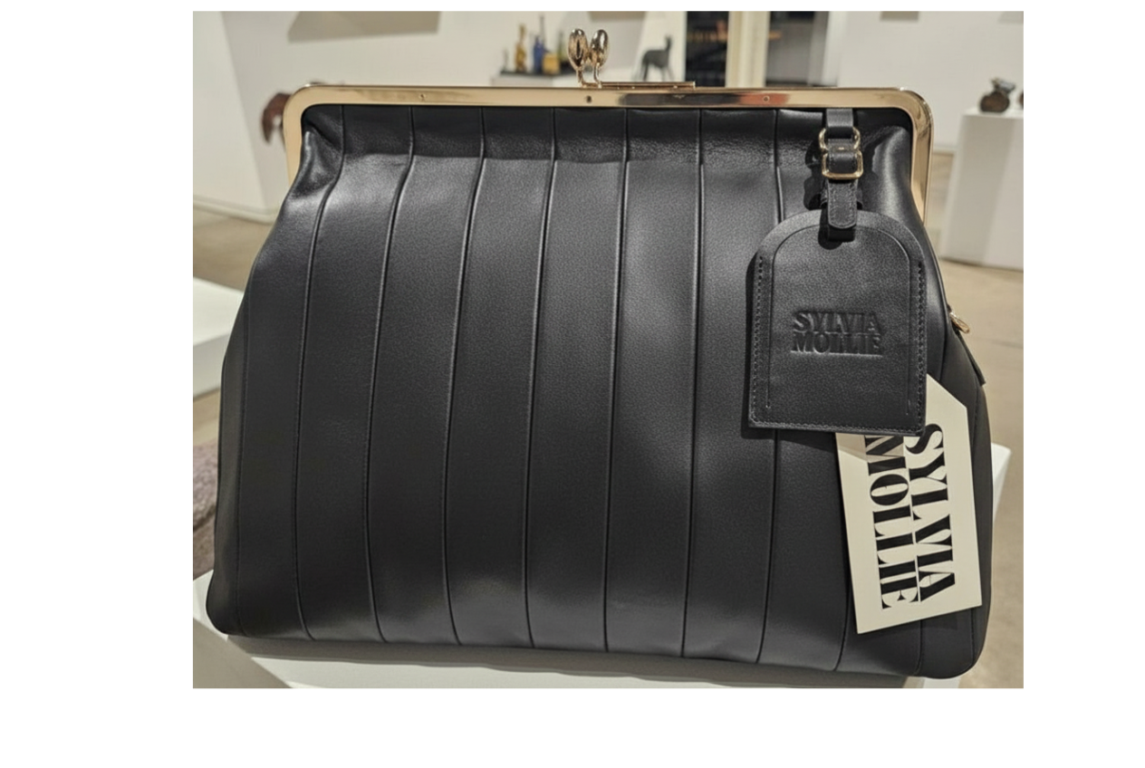 The Fannie Bag in black leather with two-inch vertical panels and a gold-tone kiss-lock frame