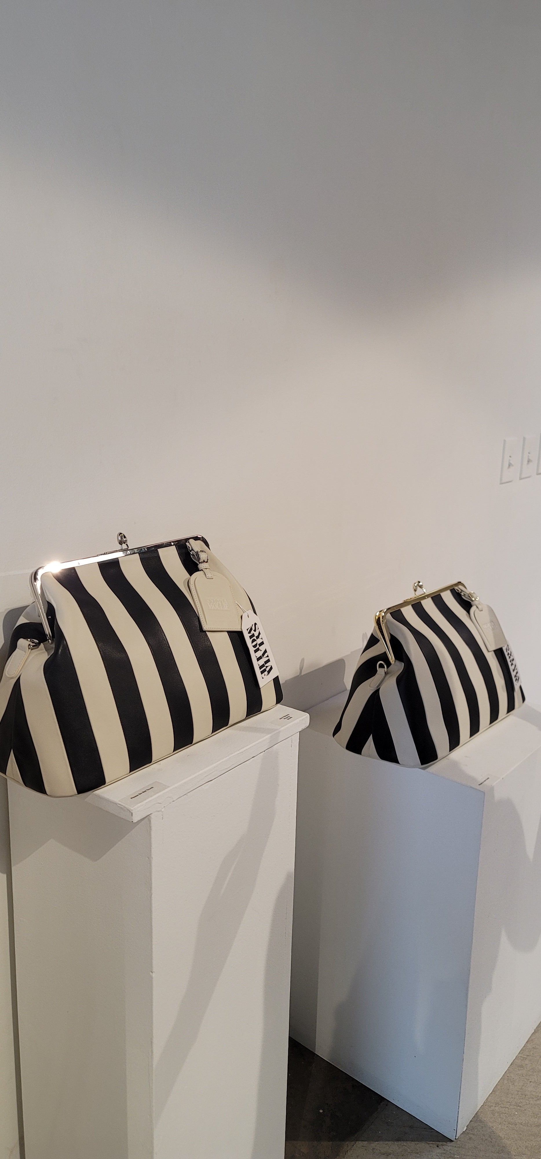 Ecru and black striped leather Fannie Bag by Sylvia Mollie