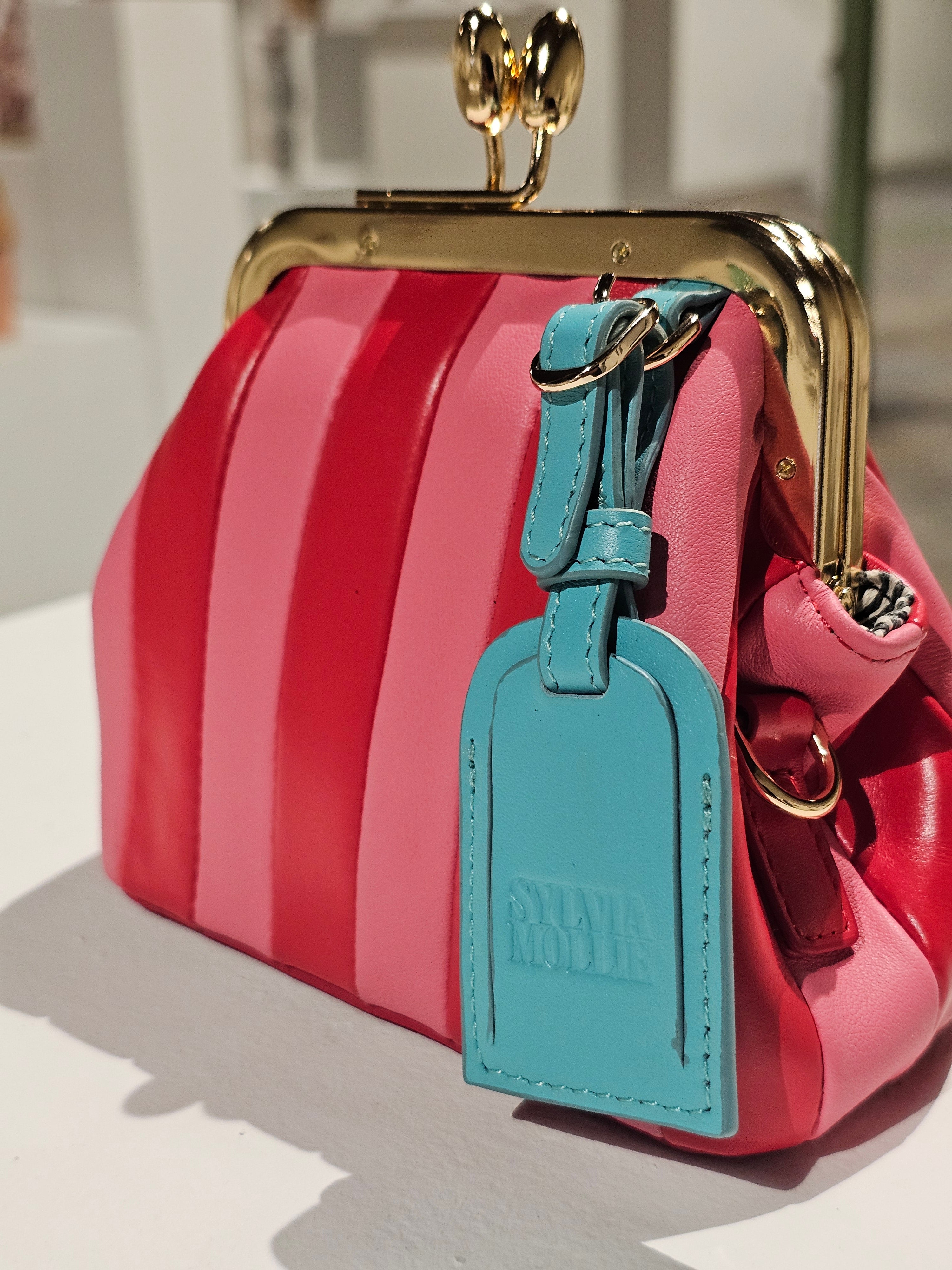 Bright red and pink mini leather bag by Sylvia Mollie