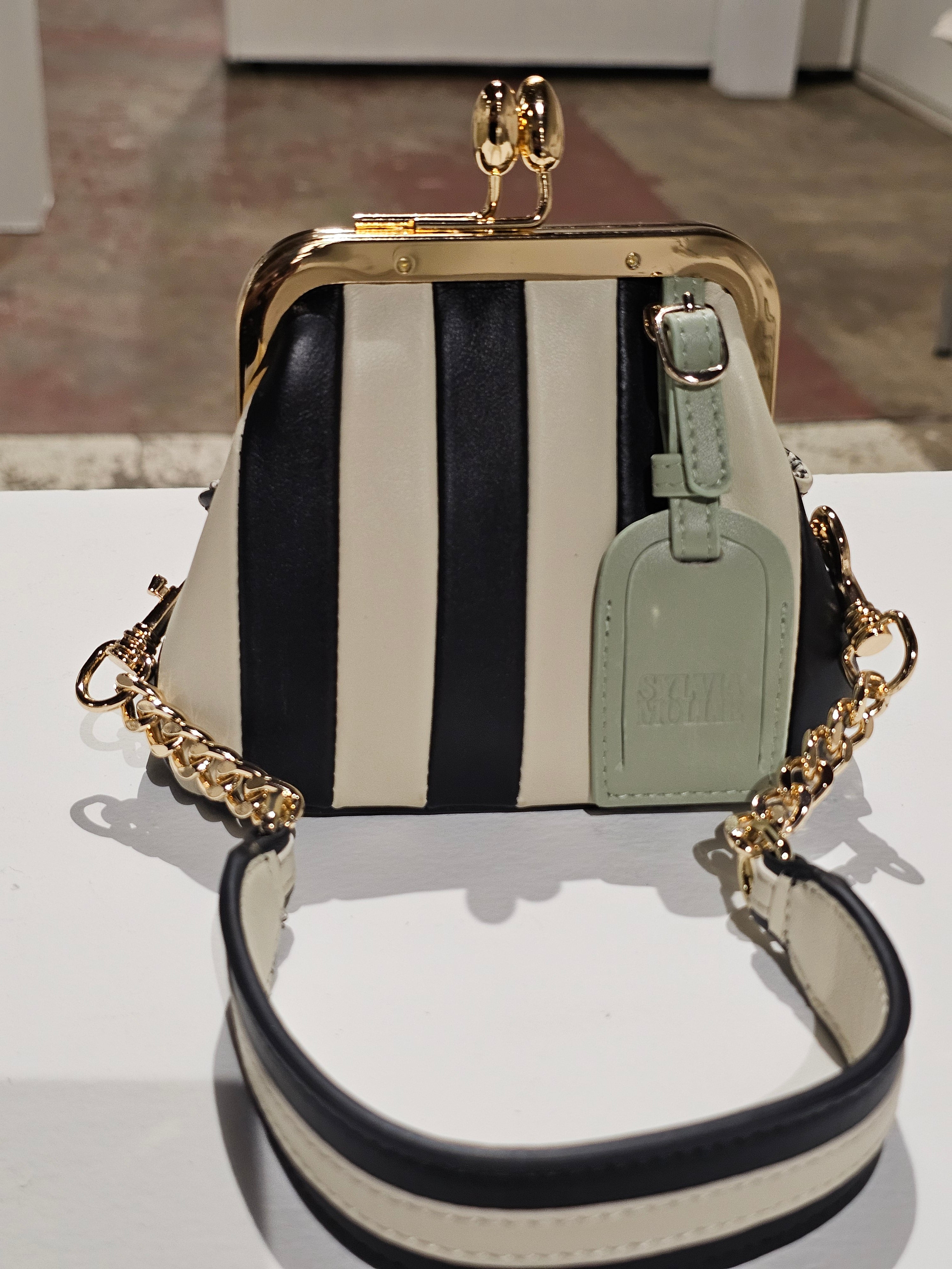 The Lil Fannie mini bag in black and ecru striped leather with a gold kiss-lock frame, sage hangtag and chain strap