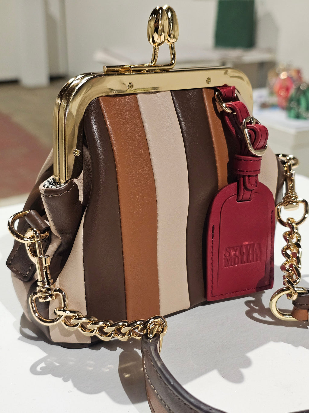 The Lil Fannie mini bag in chocolate leather with a dark red hangtag and gold kiss-lock frame