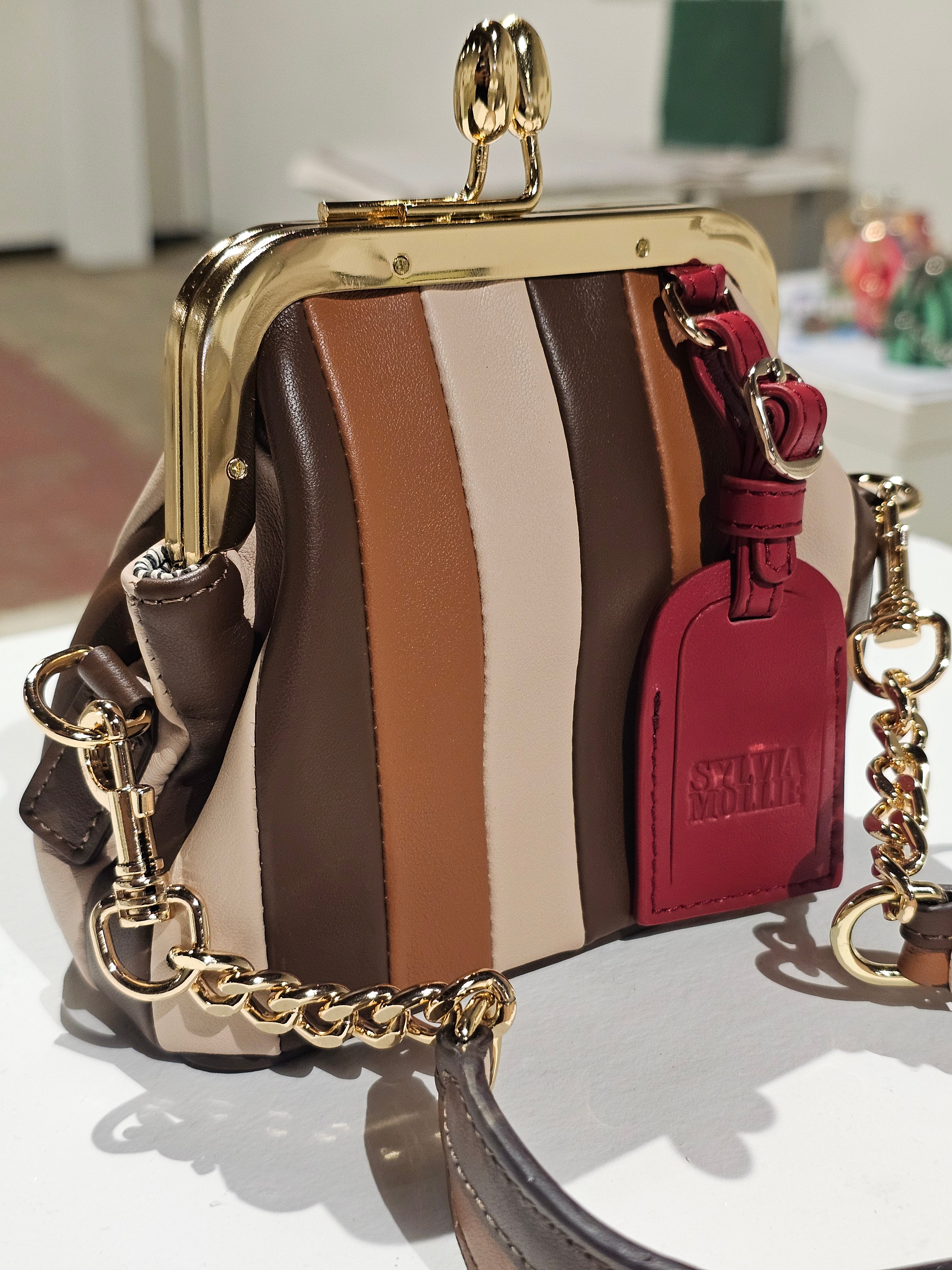The Lil Fannie mini bag in chocolate leather with a dark red hangtag and gold kiss-lock frame