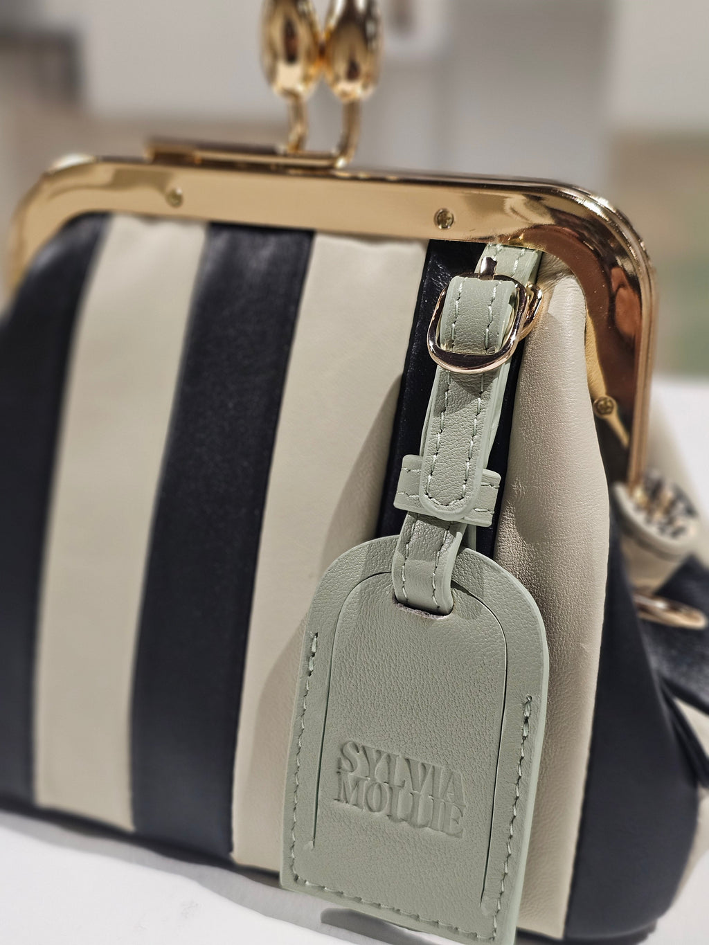 Black and ecru Lil Fannie with a gold-tone kiss-lock frame