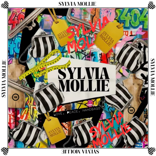 Sylvia Mollie silk graphic scarf with a collage print of striped bags, hangtags and graffiti