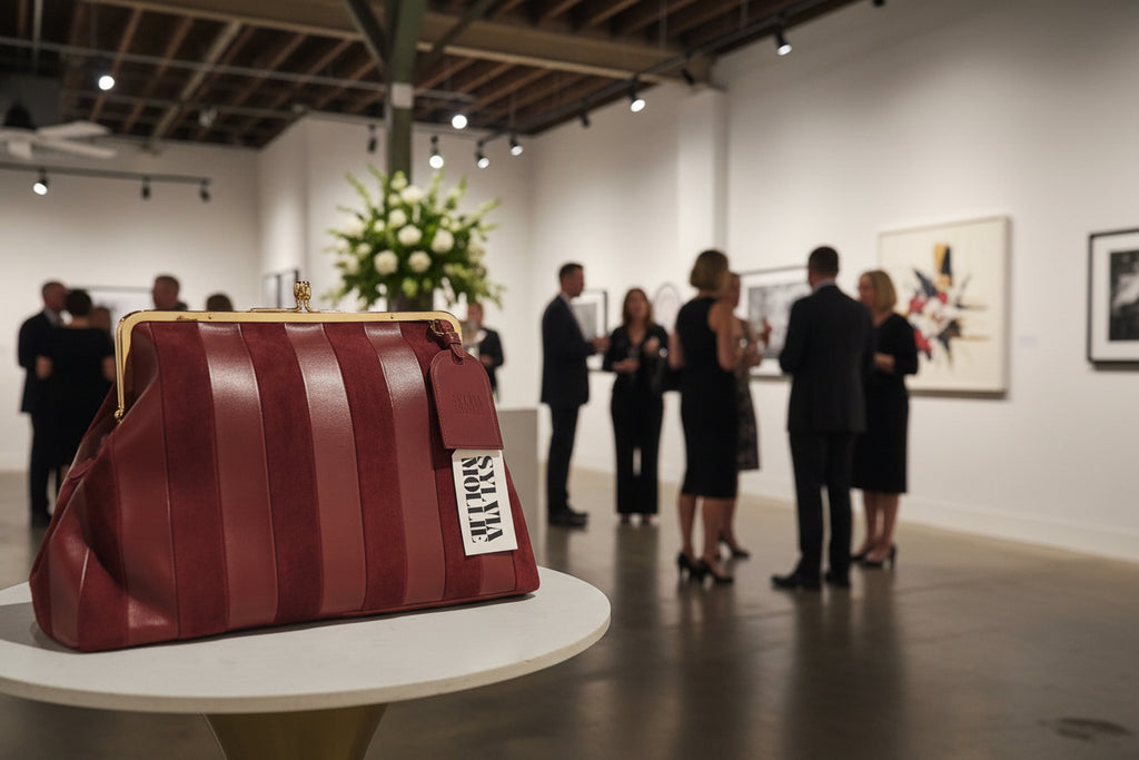 Red leather handbag with a brand logo on a table in an art gallery setting.