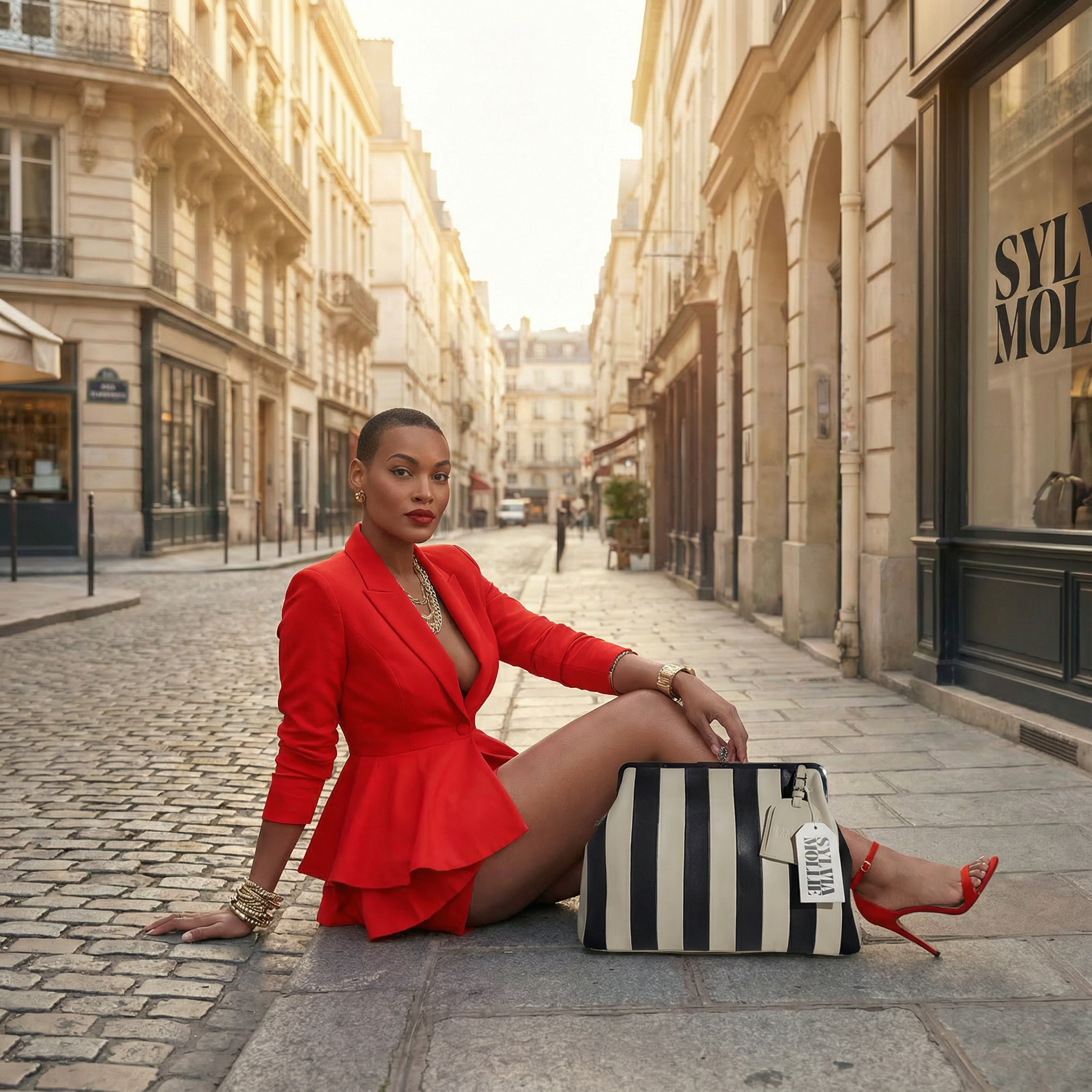 The Love Suit in red: a tailored cropped blazer with a layered pleated mini skirt, worn with the striped Fannie Bag