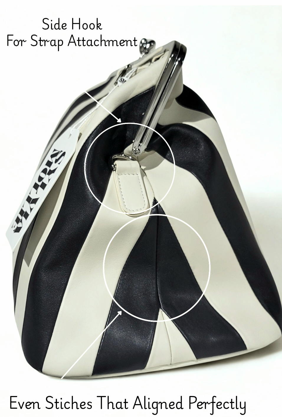 Close-up of the stitching along the leather panels of The Fannie Bag