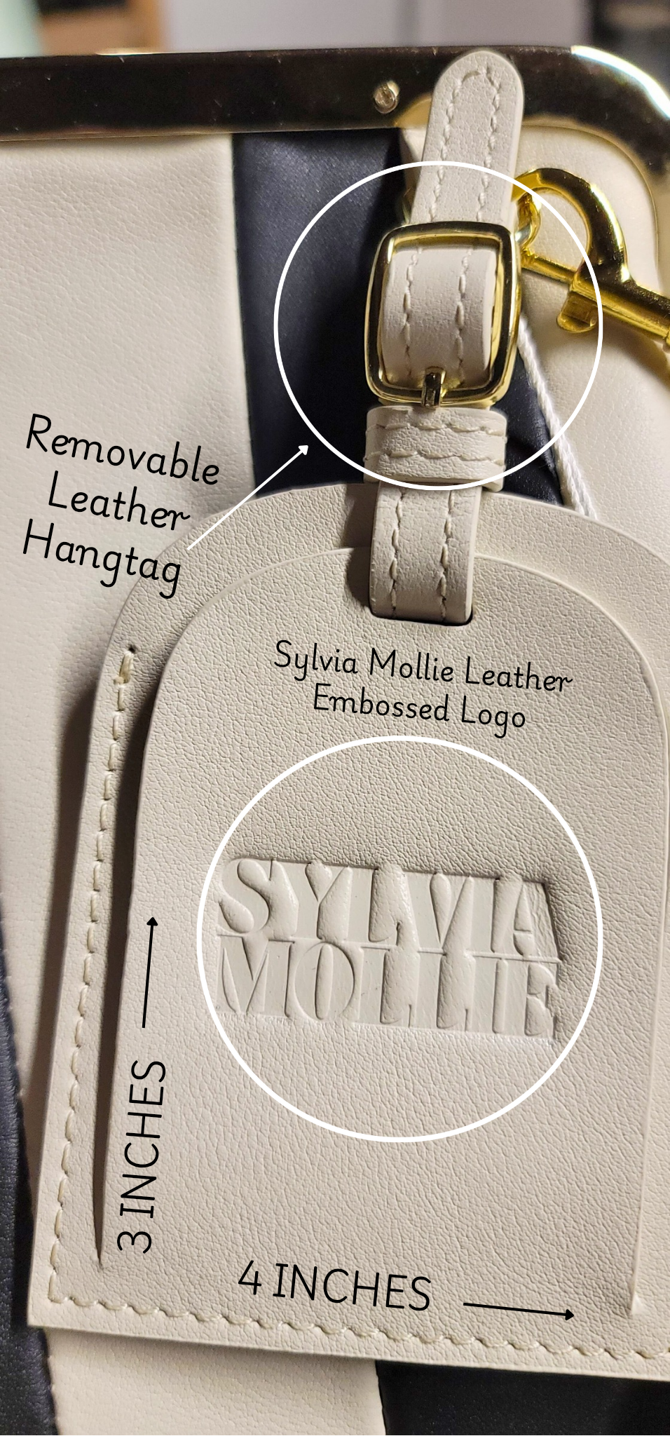 The removable embossed Sylvia Mollie leather hangtag on The Fannie Bag