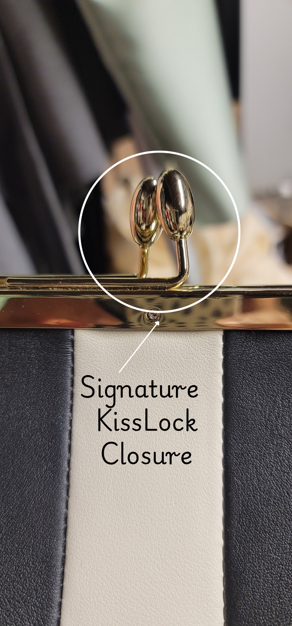 Close-up of the signature kiss-lock closure on The Fannie Bag